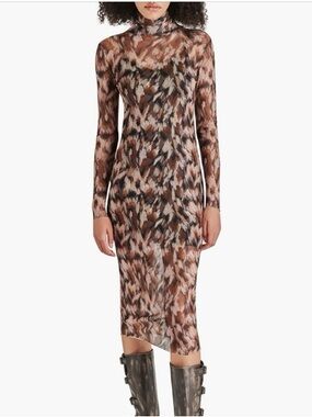 Steve Madden Vivienne Turtleneck Sheer Mesh Midi Dress Oak Buff earthy print S